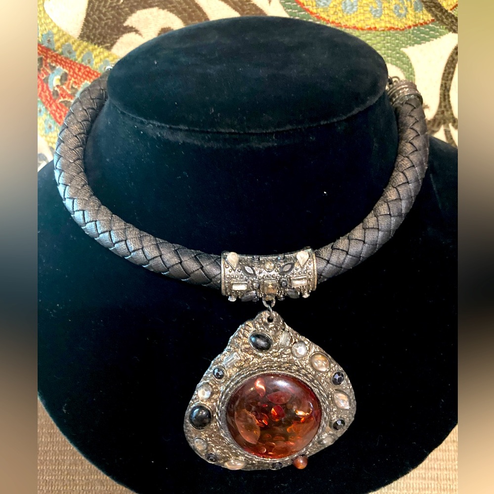 Bold stone pendant on leather braid choker